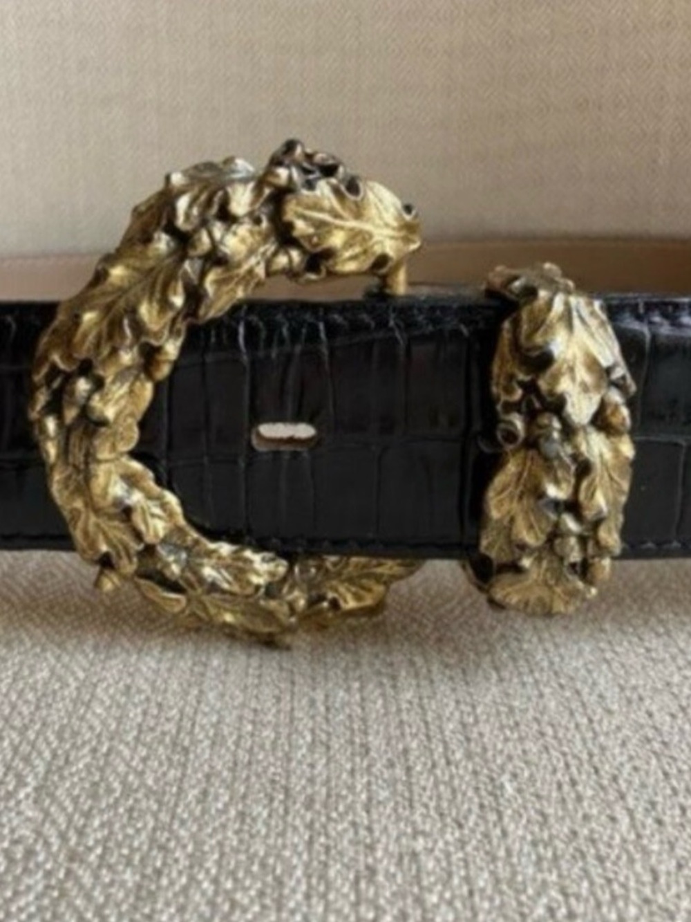 Vintage Talbots Black Croc Leather Belt with Ornate Gold Leaf Buckle M